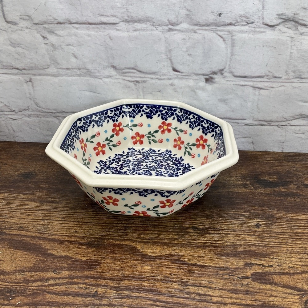 Boleslawiec Handmade Hexagon Polish Pottery Bowl Blue Red Yellow Floral Poland